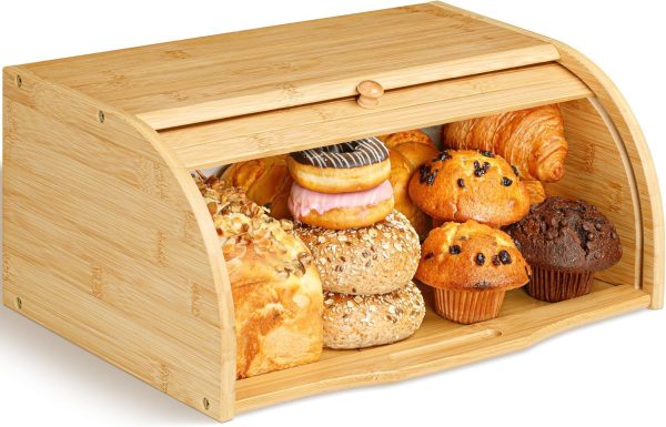 Bamboo Bread Box for Kitchen Countertop, Large Wooden Food Keeper W/Rolling Lid, Vintage Storage Bin for Bagels, Muffins, Cupcakes & Cookies