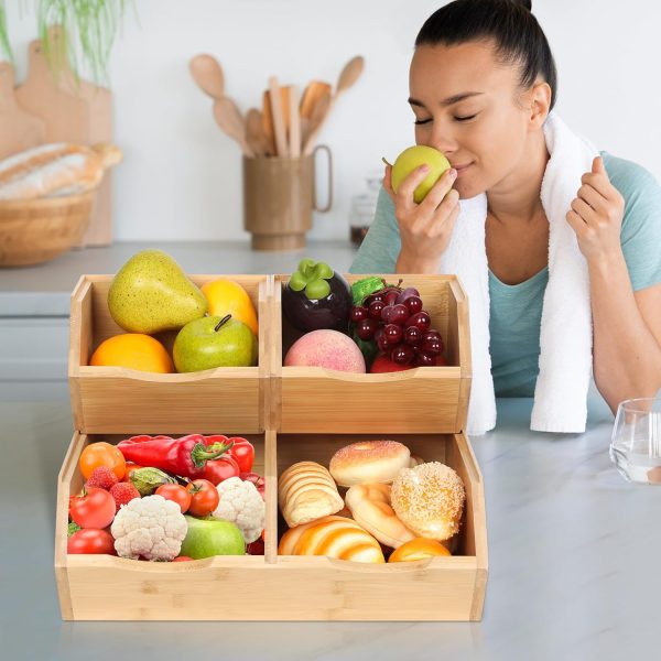 Bamboo Stackable Pantry Storage Bins, Kitchen Pantry Organizers and Storage, Potato and Onion Storage Bin, Wood Pantry Baskets for Produce, Fruits, Vegetable and Bread, Set 3 Pieces - Image 3