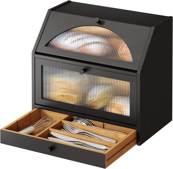 Black Bread Box, Bamboo Wood Bread Box for Kitchen Counter, Double-layer Bread Storage Bin with Silverware Drawer Organizer