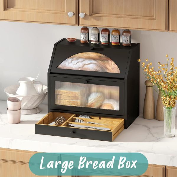 Black Bread Box, Bamboo Wood Bread Box for Kitchen Counter, Double-layer Bread Storage Bin with Silverware Drawer Organizer - Image 2