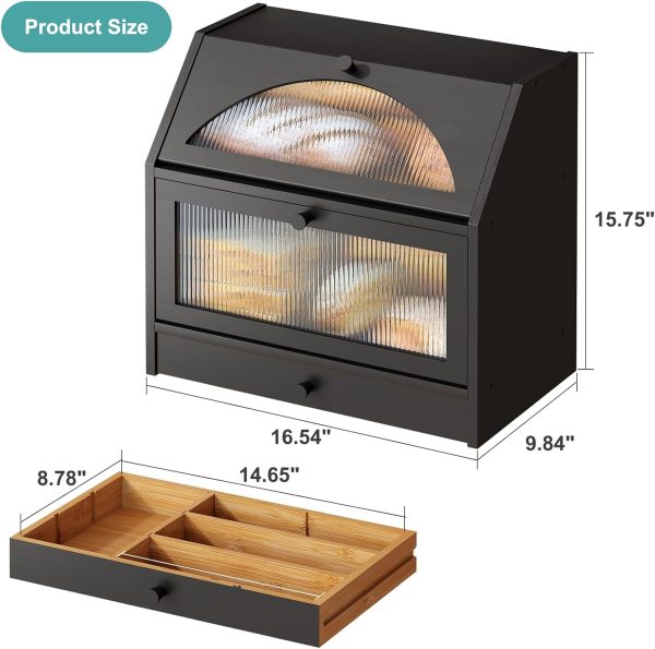 Black Bread Box, Bamboo Wood Bread Box for Kitchen Counter, Double-layer Bread Storage Bin with Silverware Drawer Organizer - Image 5