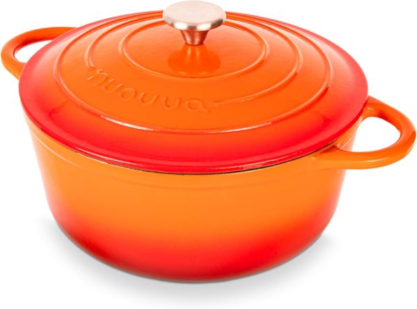 Cast Iron Dutch Oven with Lid – Non-Stick Ovenproof, Enamelled Casserole Pot –Oven Safe up to 500° F Sturdy Dutch Oven Cookware – Orange, 6.4-Quart, 28cm – by Nuovva