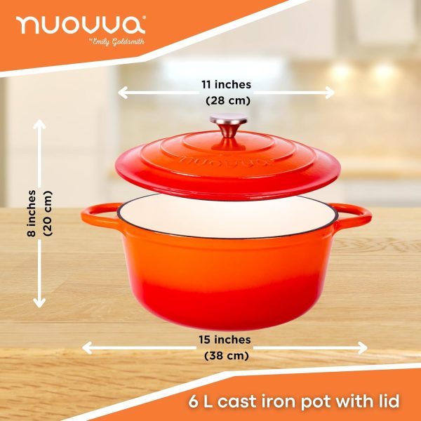 Cast Iron Dutch Oven with Lid – Non-Stick Ovenproof, Enamelled Casserole Pot –Oven Safe up to 500° F Sturdy Dutch Oven Cookware – Orange, 6.4-Quart, 28cm – by Nuovva - Image 2