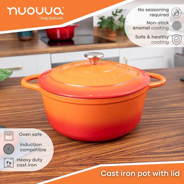 Cast Iron Dutch Oven with Lid – Non-Stick Ovenproof, Enamelled Casserole Pot –Oven Safe up to 500° F Sturdy Dutch Oven Cookware – Orange, 6.4-Quart, 28cm – by Nuovva - Image 8