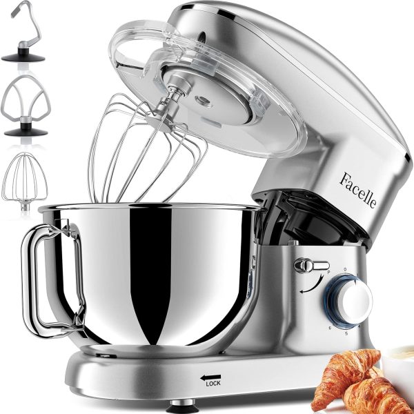 Facelle Stand Mixer, Electric Kitchen Mixer, 6 Speed Tilt-Head Stand Mixer with Pulse, Attachments include 6.5QT Bowl, Dishwasher Safe Beater, Dough Hook, Whisk for Dough, Baking,Cakes, Cookie -Silver