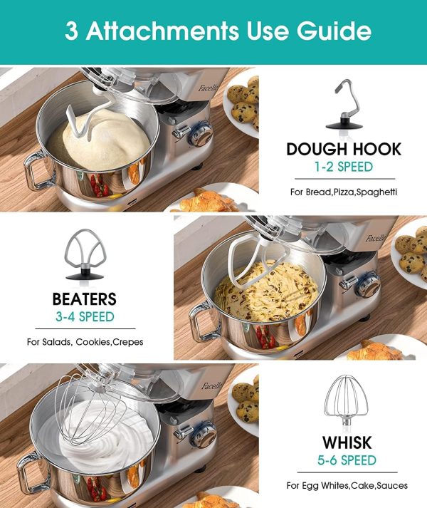 Facelle Stand Mixer, Electric Kitchen Mixer, 6 Speed Tilt-Head Stand Mixer with Pulse, Attachments include 6.5QT Bowl, Dishwasher Safe Beater, Dough Hook, Whisk for Dough, Baking,Cakes, Cookie -Silver - Image 2