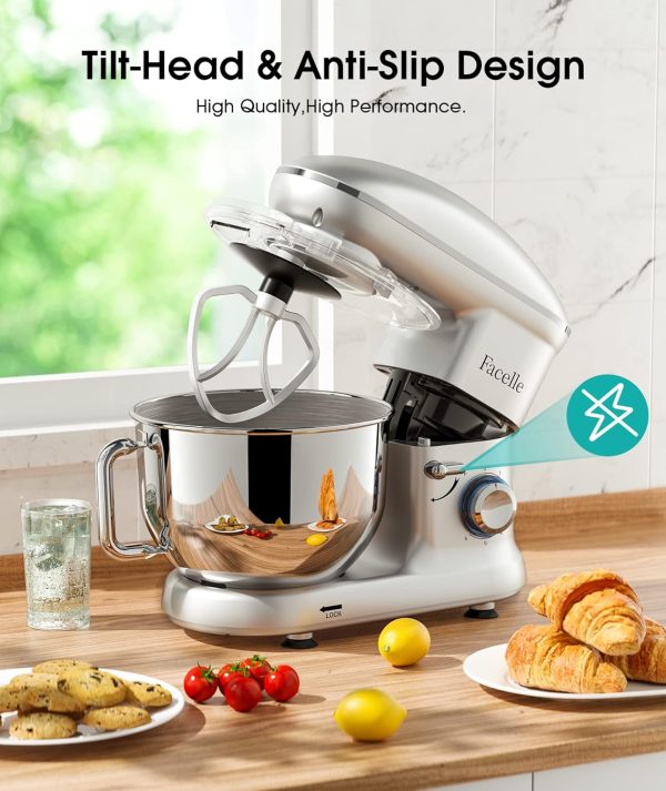 Facelle Stand Mixer, Electric Kitchen Mixer, 6 Speed Tilt-Head Stand Mixer with Pulse, Attachments include 6.5QT Bowl, Dishwasher Safe Beater, Dough Hook, Whisk for Dough, Baking,Cakes, Cookie -Silver - Image 3