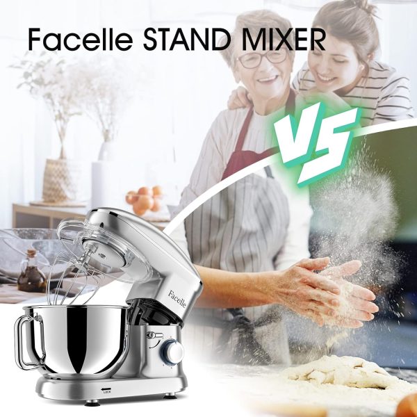 Facelle Stand Mixer, Electric Kitchen Mixer, 6 Speed Tilt-Head Stand Mixer with Pulse, Attachments include 6.5QT Bowl, Dishwasher Safe Beater, Dough Hook, Whisk for Dough, Baking,Cakes, Cookie -Silver - Image 4