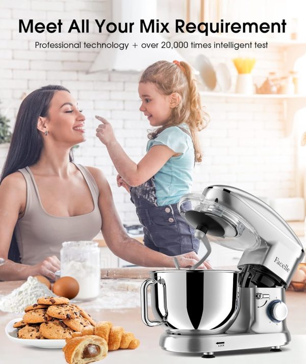 Facelle Stand Mixer, Electric Kitchen Mixer, 6 Speed Tilt-Head Stand Mixer with Pulse, Attachments include 6.5QT Bowl, Dishwasher Safe Beater, Dough Hook, Whisk for Dough, Baking,Cakes, Cookie -Silver - Image 7