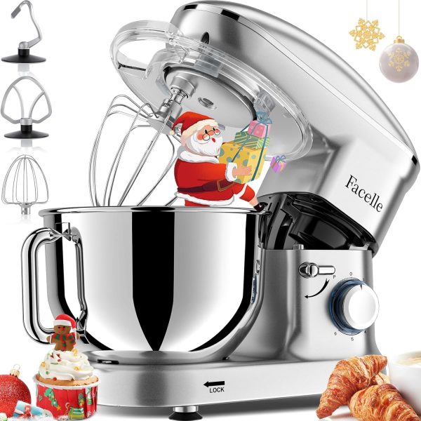 Facelle Stand Mixer, Electric Kitchen Mixer, 6 Speed Tilt-Head Stand Mixer with Pulse, Attachments include 6.5QT Bowl, Dishwasher Safe Beater, Dough Hook, Whisk for Dough, Baking,Cakes, Cookie -Silver - Image 8