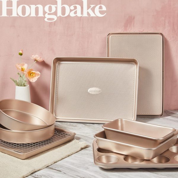 HONGBAKE 9-Piece Baking Pans Set Nonstick, Stackable Non Toxic Bakeware Sets with Diamond Texture, Oven Pan Set for Cooking, Includes Cookie Sheet with Rack, Cake Pan, Roasting Pan, Muffin Pan, Gold - Image 2