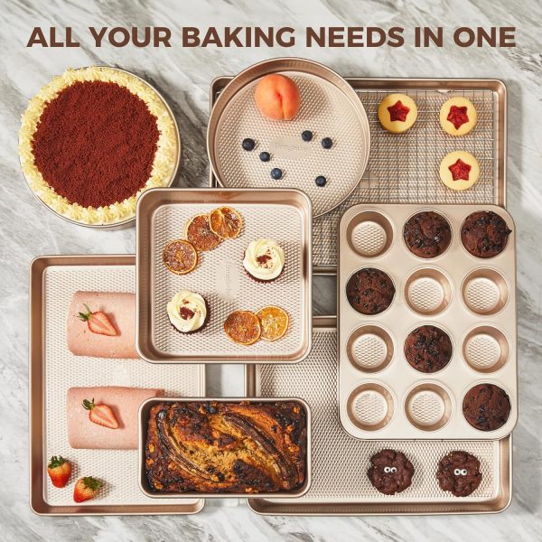 HONGBAKE 9-Piece Baking Pans Set Nonstick, Stackable Non Toxic Bakeware Sets with Diamond Texture, Oven Pan Set for Cooking, Includes Cookie Sheet with Rack, Cake Pan, Roasting Pan, Muffin Pan, Gold - Image 3