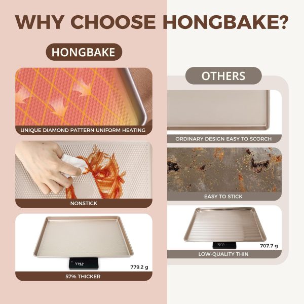 HONGBAKE 9-Piece Baking Pans Set Nonstick, Stackable Non Toxic Bakeware Sets with Diamond Texture, Oven Pan Set for Cooking, Includes Cookie Sheet with Rack, Cake Pan, Roasting Pan, Muffin Pan, Gold - Image 4