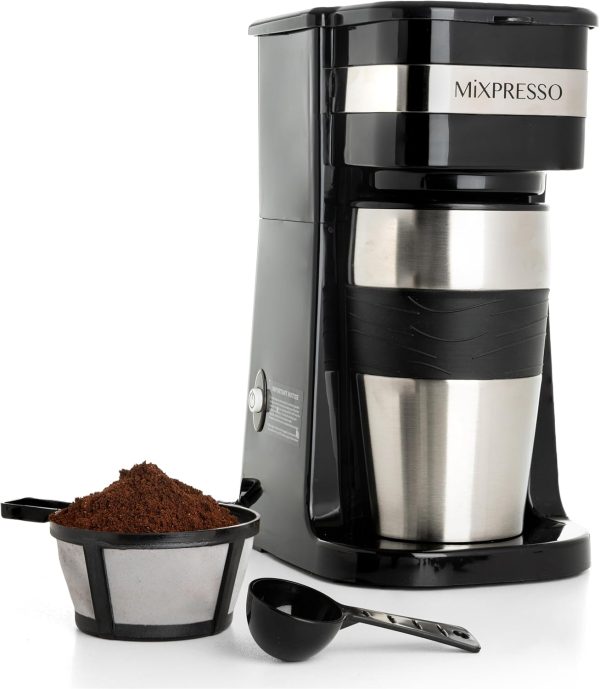 Mixpresso Personal Single Serve Coffee Maker & 14oz Travel Mug, Drip Small Coffee Maker & Tumbler, Auto Shut Off & Reusable Filter, Compatible with Coffee Grounds