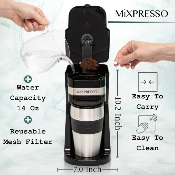 Mixpresso Personal Single Serve Coffee Maker & 14oz Travel Mug, Drip Small Coffee Maker & Tumbler, Auto Shut Off & Reusable Filter, Compatible with Coffee Grounds - Image 3