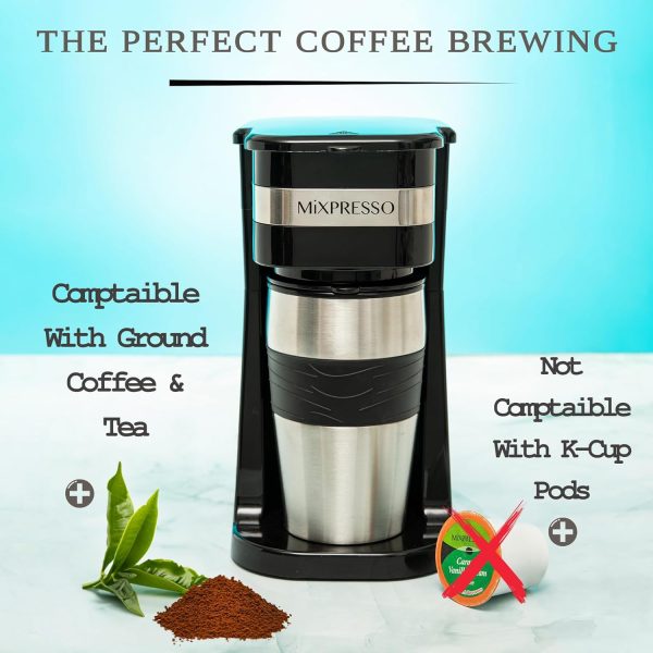 Mixpresso Personal Single Serve Coffee Maker & 14oz Travel Mug, Drip Small Coffee Maker & Tumbler, Auto Shut Off & Reusable Filter, Compatible with Coffee Grounds - Image 4