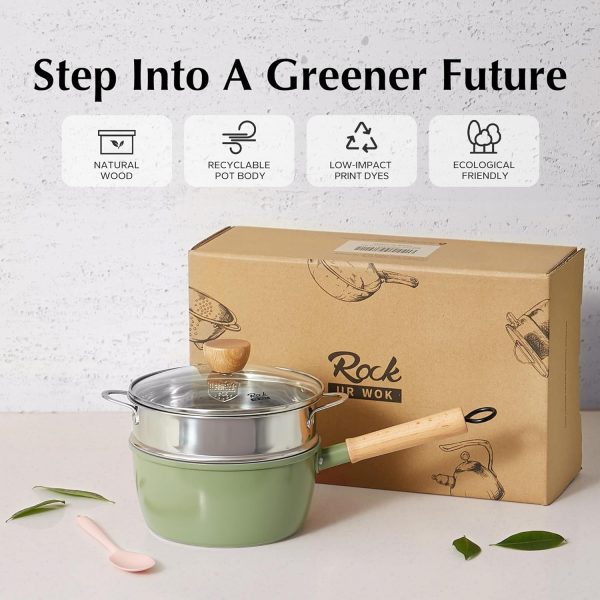 ROCKURWOK Ceramic Nonstick Sauce Pan with Lid, 2 Quart Cooking Pot, Small Saucepan with Steamer, PTFE& PFAS-Free, Wooden Handle for Cool Touch, Universal Base(Gas, Electric & Induction), Green - Image 7