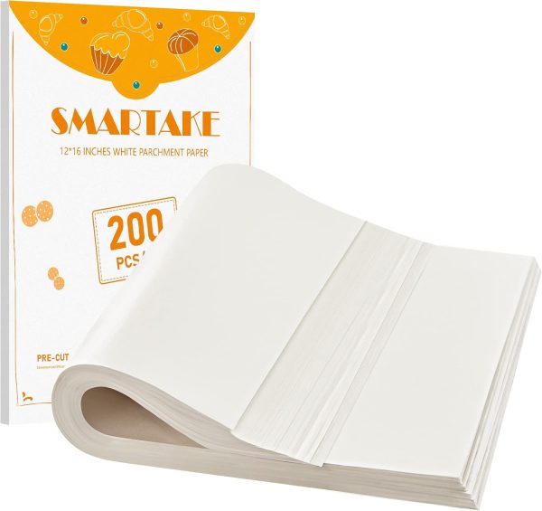 SMARTAKE 200 Pcs Parchment Paper Baking Sheets, 12x16 Inch Non-Stick Precut Baking Parchment, Suitable for Baking Grilling Air Fryer Steaming Bread Cup Cake Cookie and More (White)