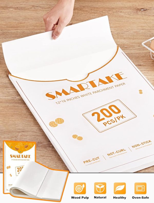 SMARTAKE 200 Pcs Parchment Paper Baking Sheets, 12x16 Inch Non-Stick Precut Baking Parchment, Suitable for Baking Grilling Air Fryer Steaming Bread Cup Cake Cookie and More (White) - Image 3